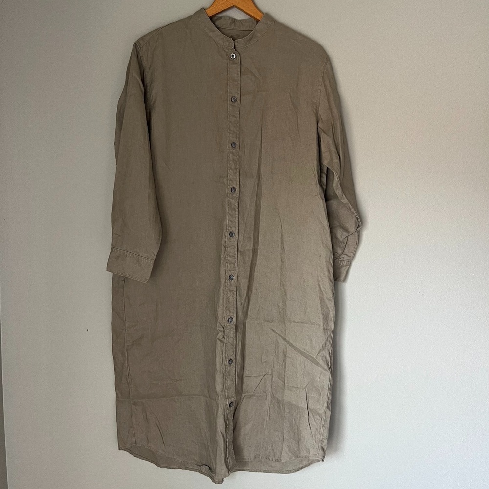 Muji Taupe Button-Front Midi Shirt Dress